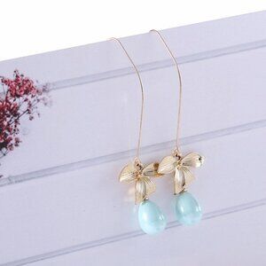 Edgy Minty Blue Teardrop Pearl Orchid Flower Gold Plated Long Earrings